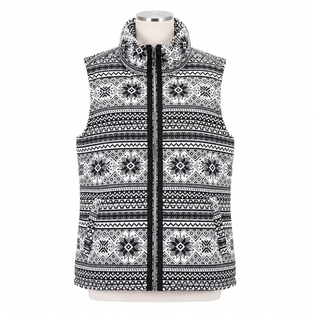 Lands End Puffer Vest Womens M 10-12 Black White Fair Isle Down Insulated Zip Up